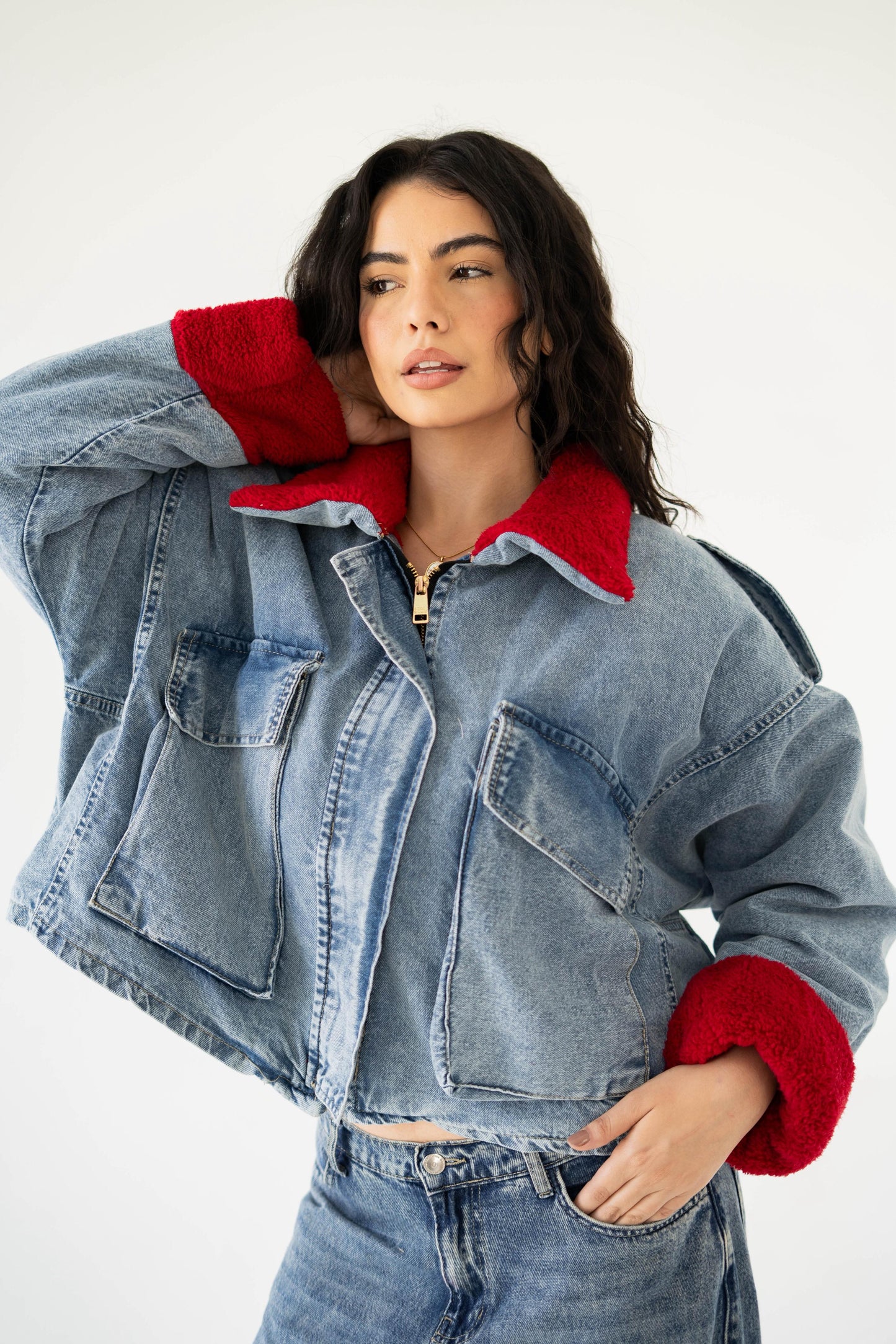 Oversized denim fur jacket- Blue Fur Maroon