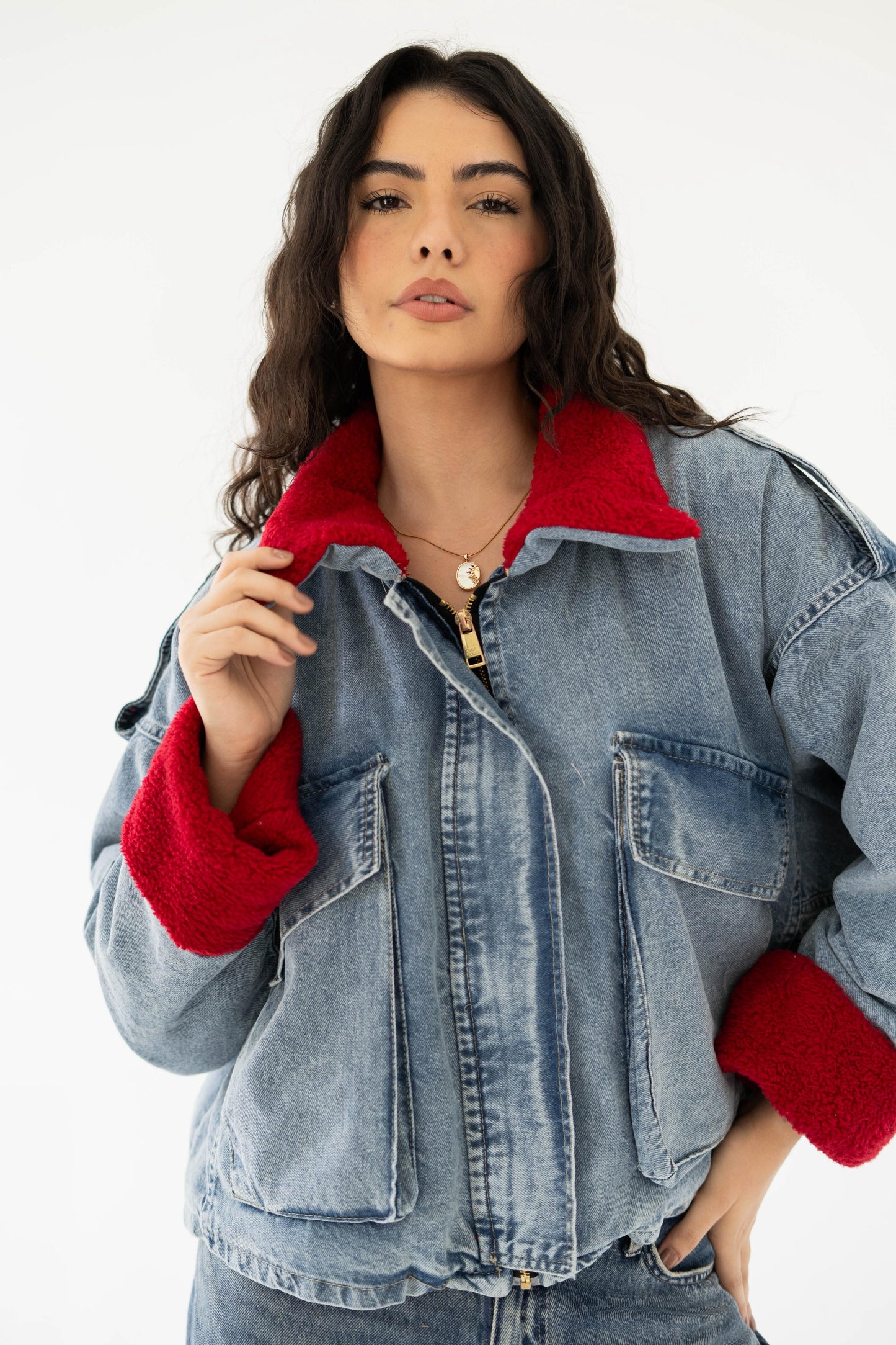 Oversized denim fur jacket- Blue Fur Maroon