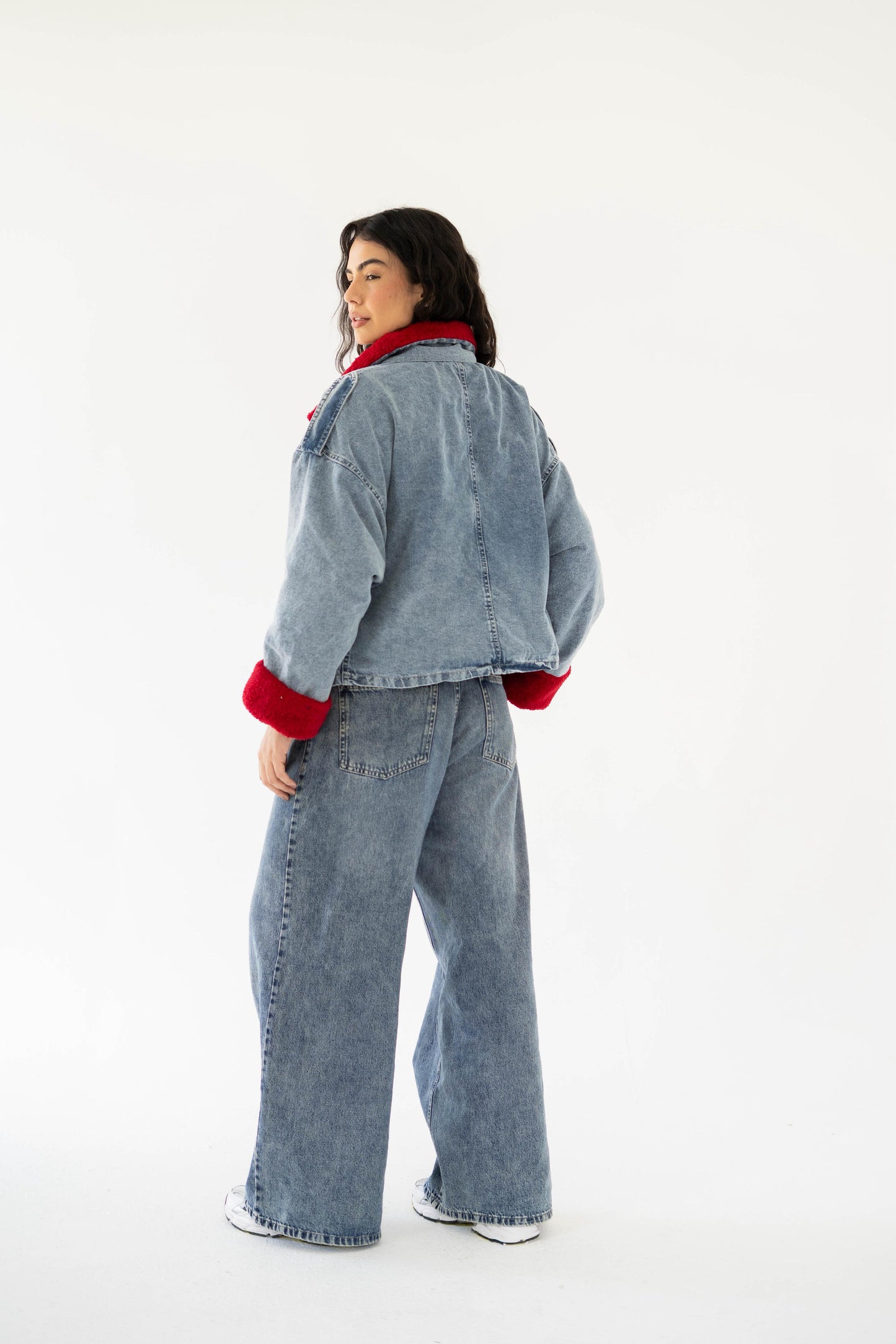 Oversized denim fur jacket- Blue Fur Maroon