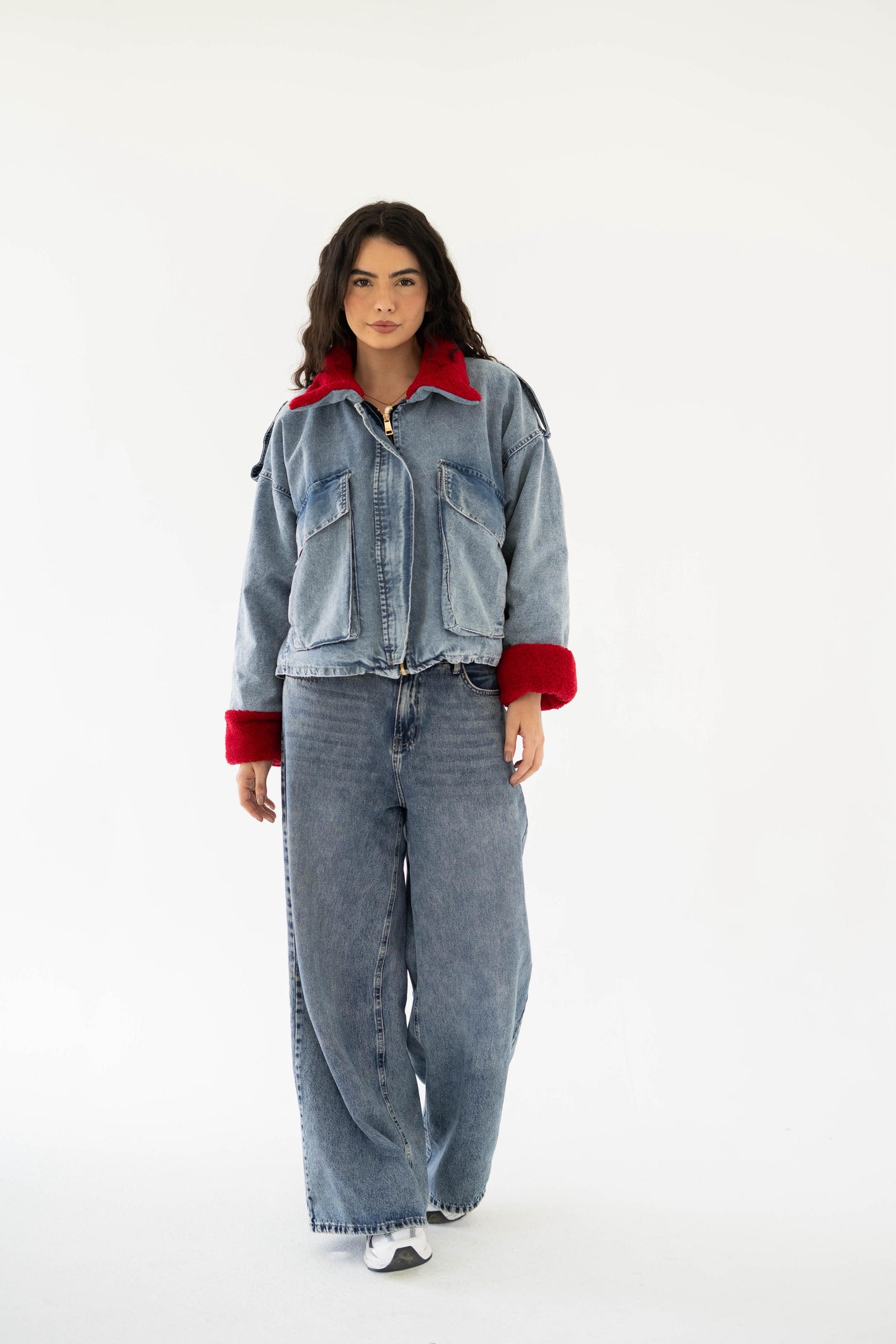 Oversized denim fur jacket- Blue Fur Maroon
