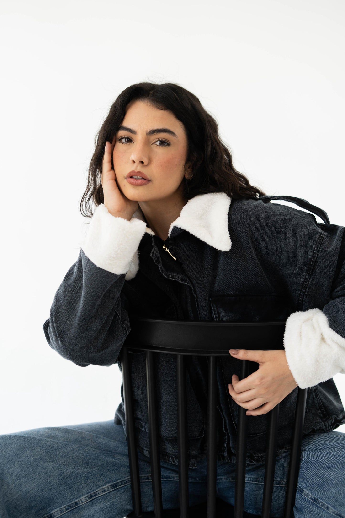 Oversized denim fur jacket- Grey Fur White