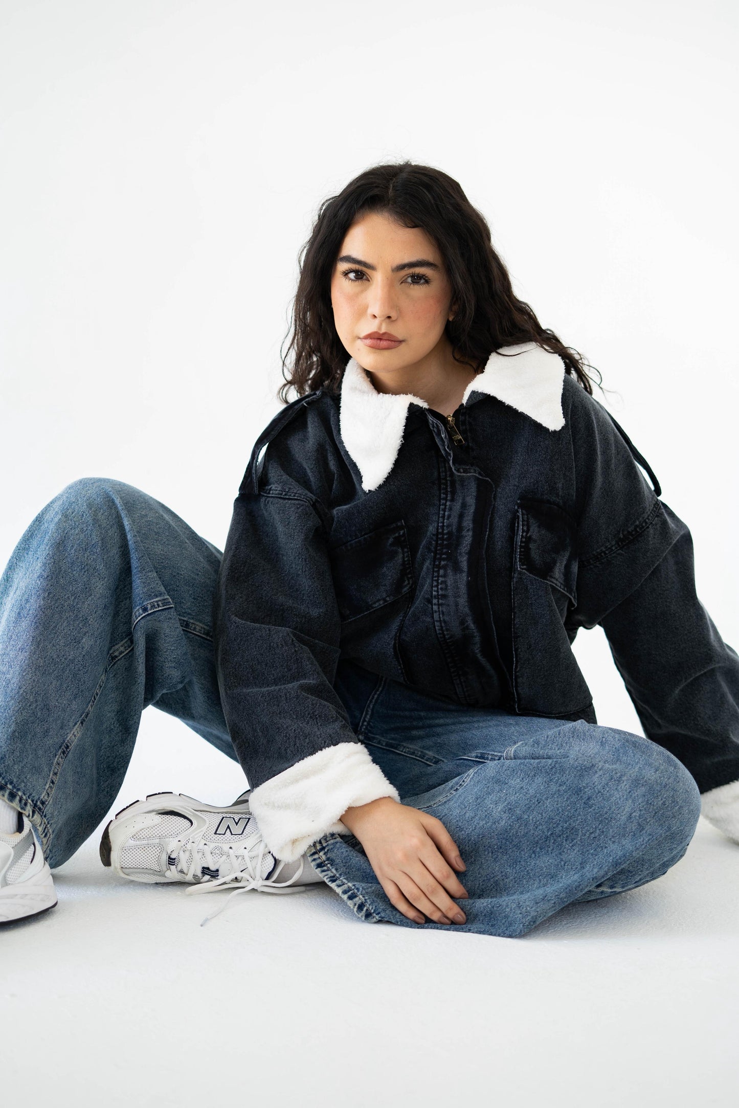 Oversized denim fur jacket- Grey Fur White