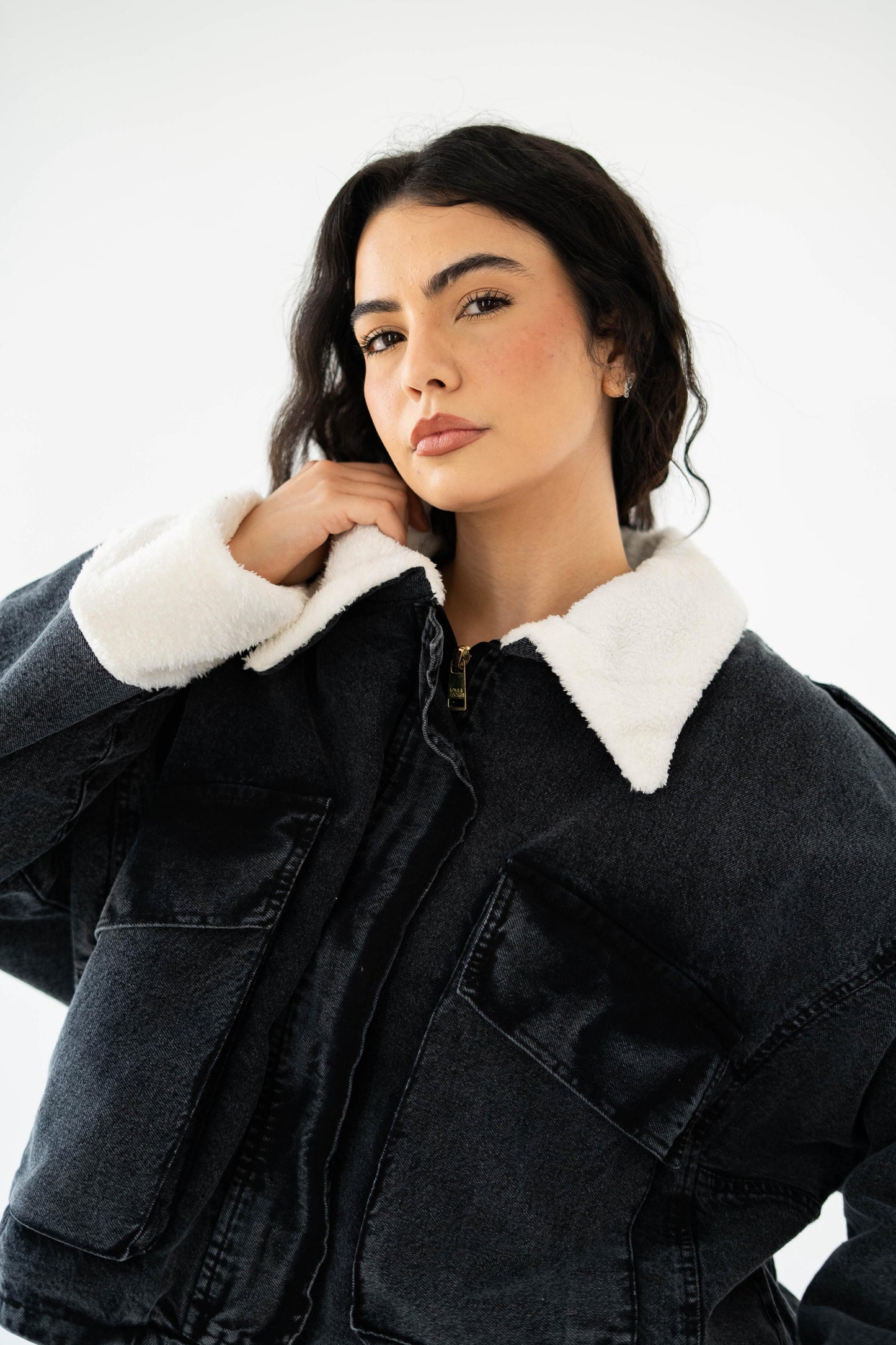 Oversized denim fur jacket- Grey Fur White