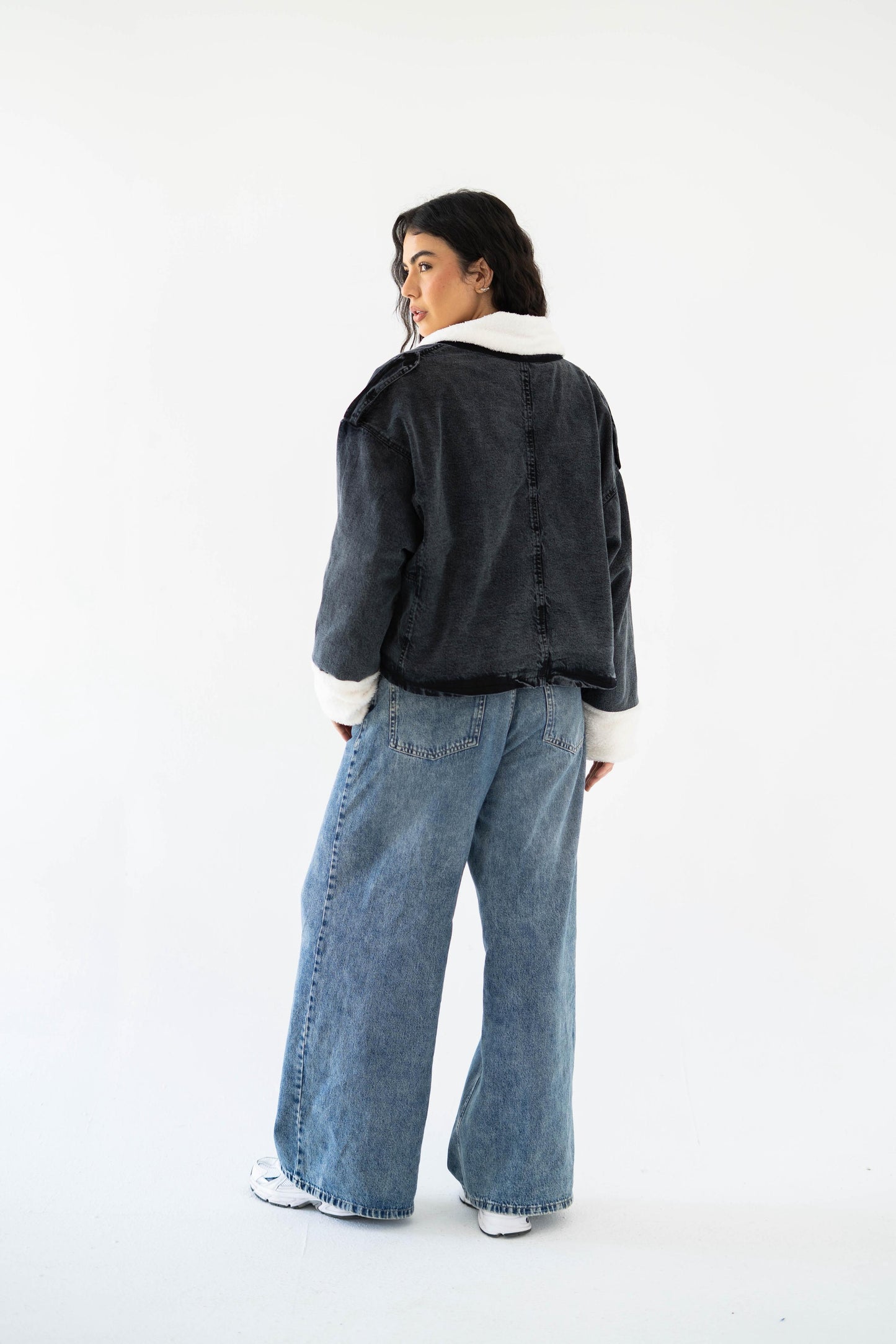 Oversized denim fur jacket- Grey Fur White