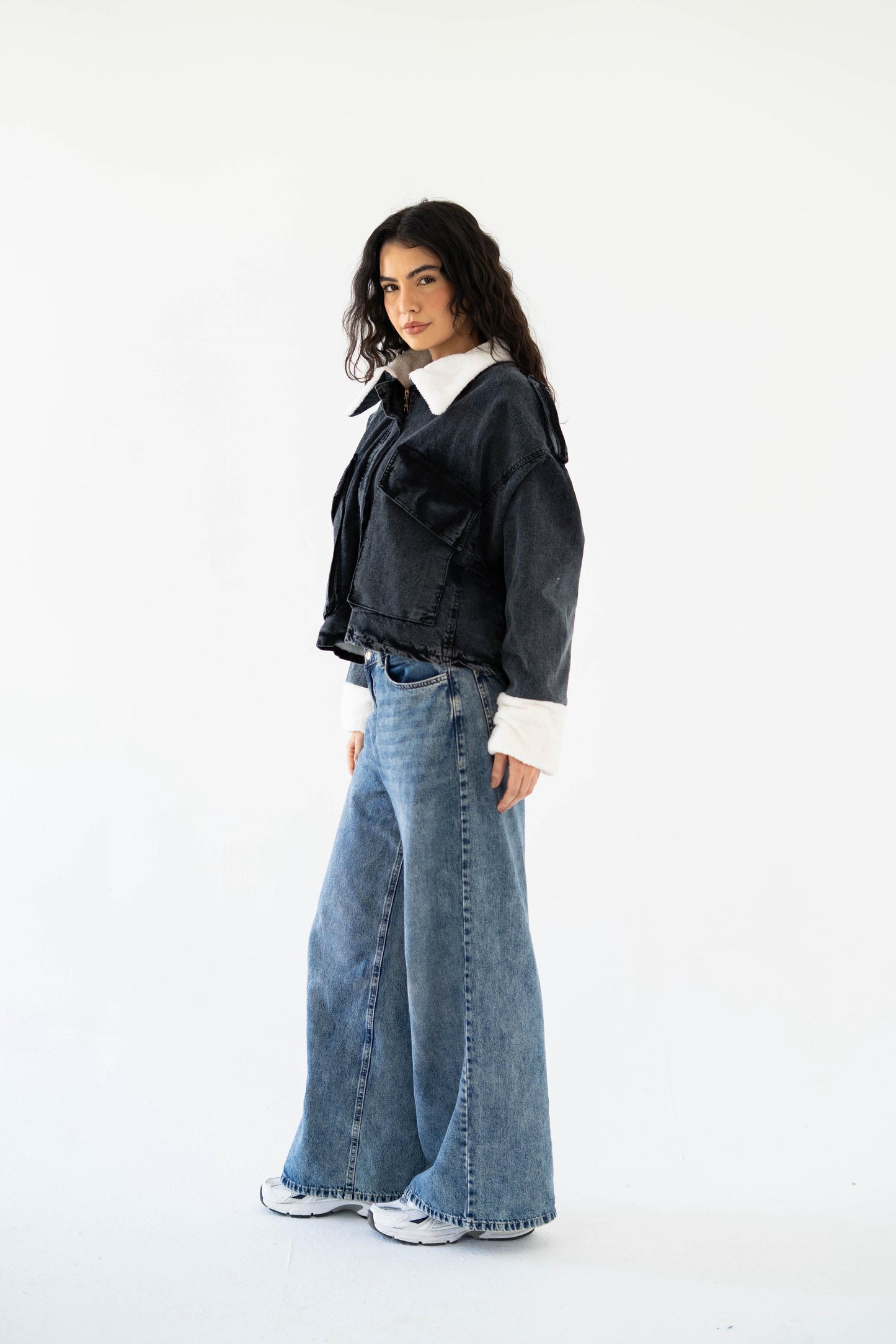 Oversized denim fur jacket- Grey Fur White