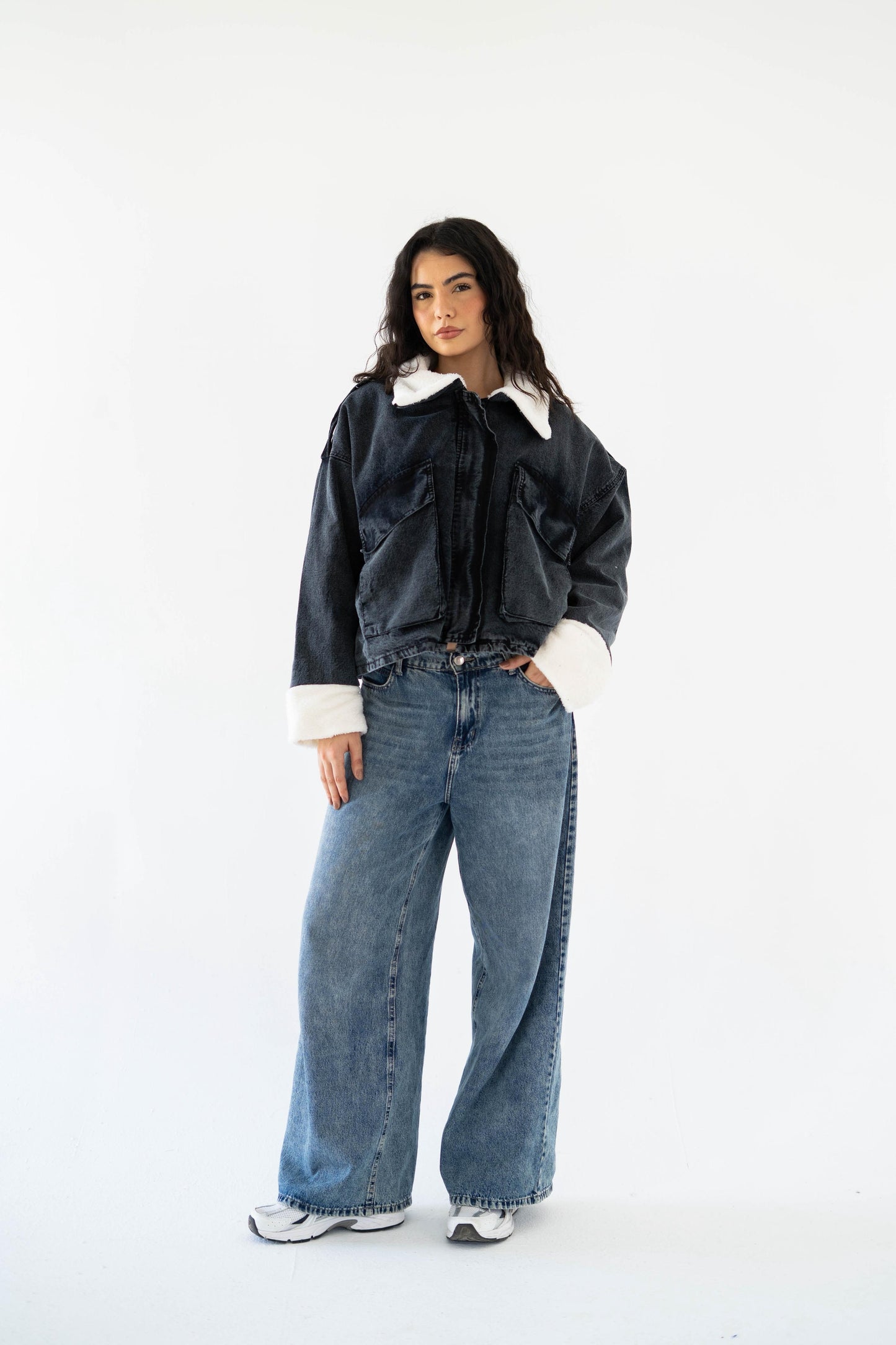 Oversized denim fur jacket- Grey Fur White