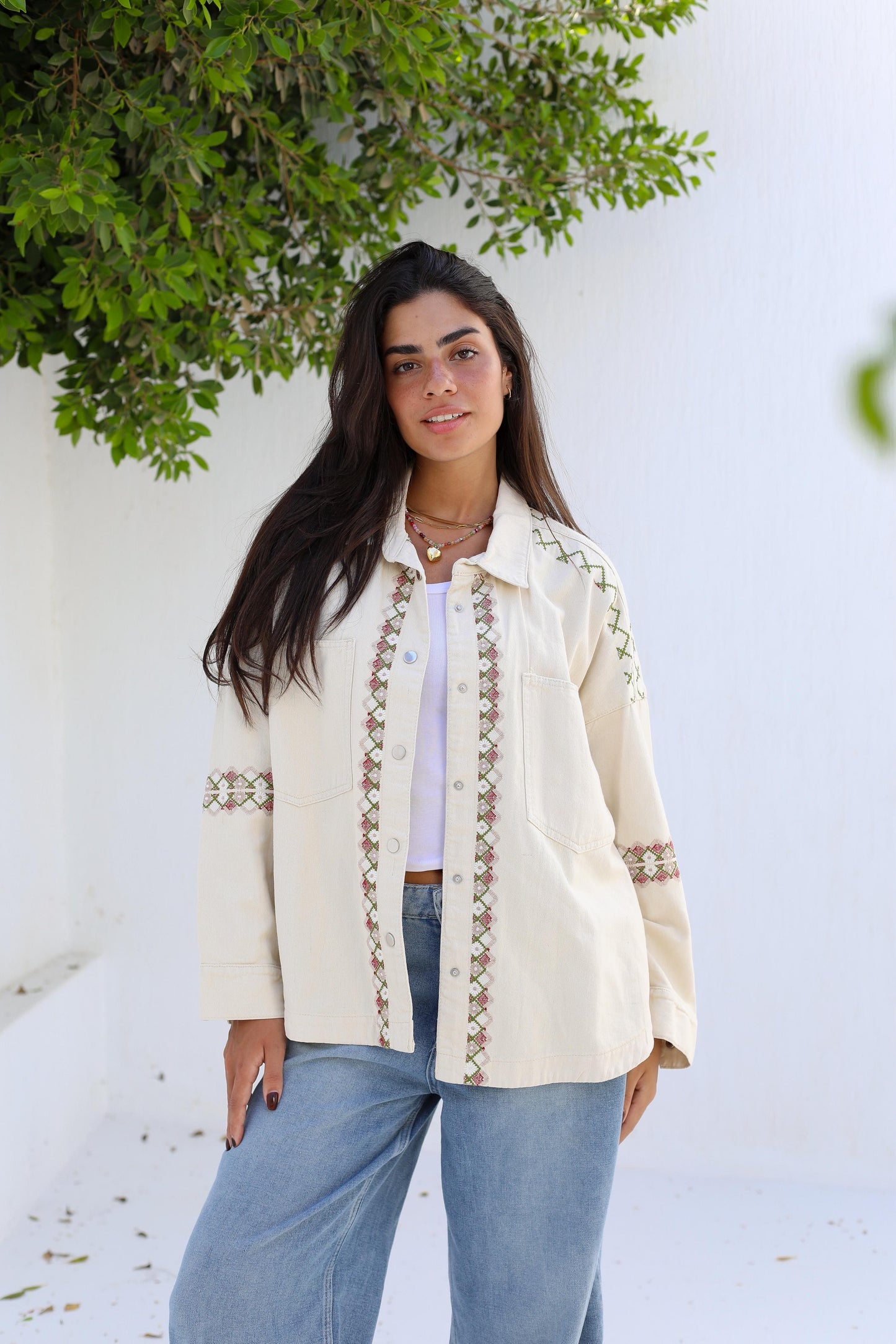 Tapestry Touch Overshirt denim jacket-Biege