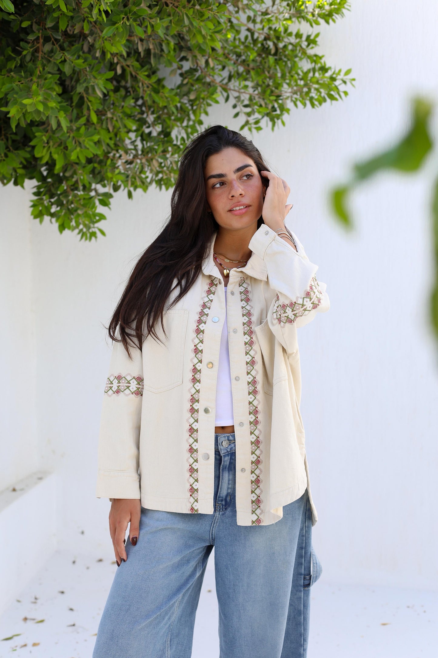 Tapestry Touch Overshirt denim jacket-Biege
