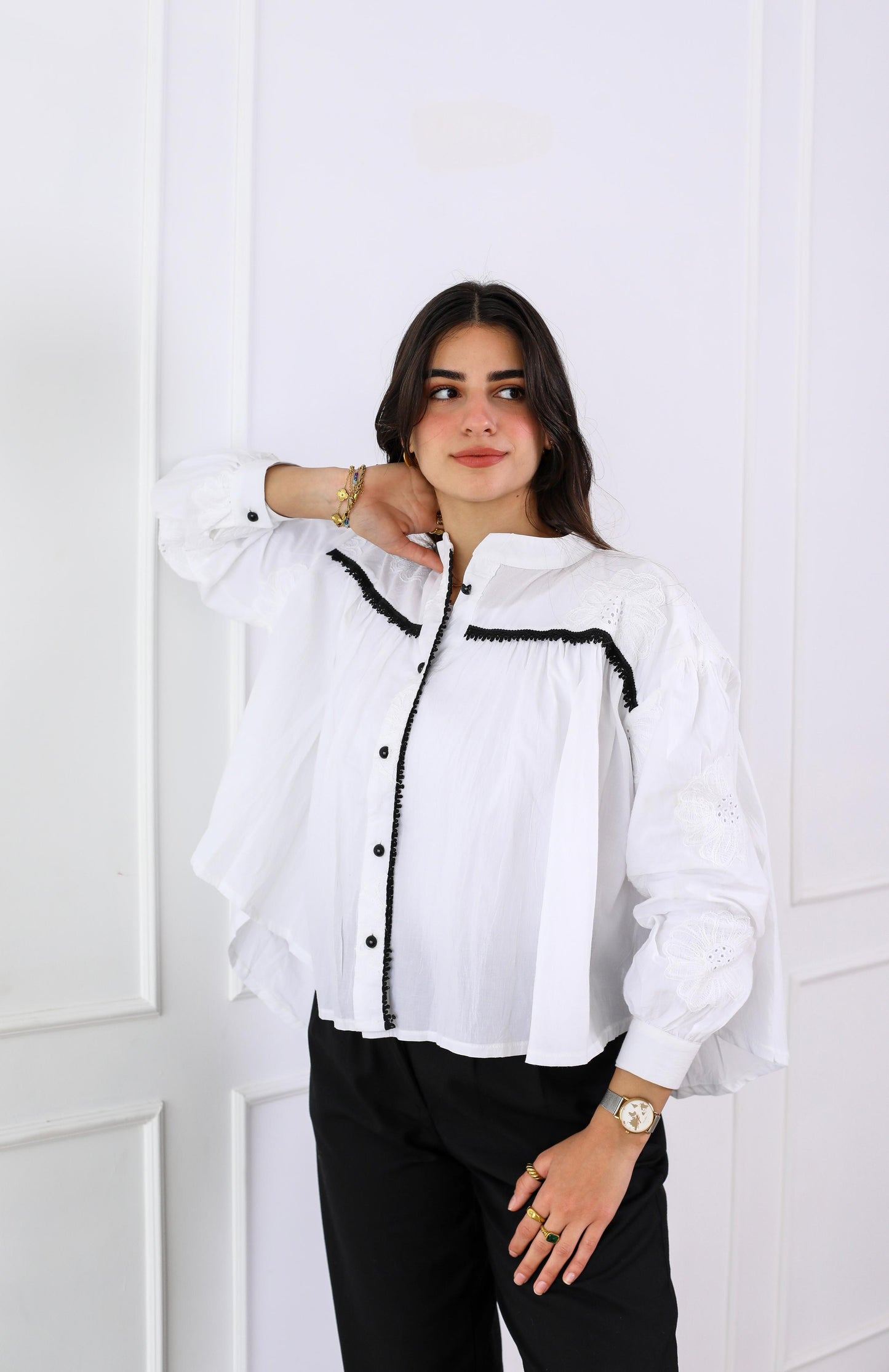 Chic White Button-Down Blouse with Embroidered Detailing