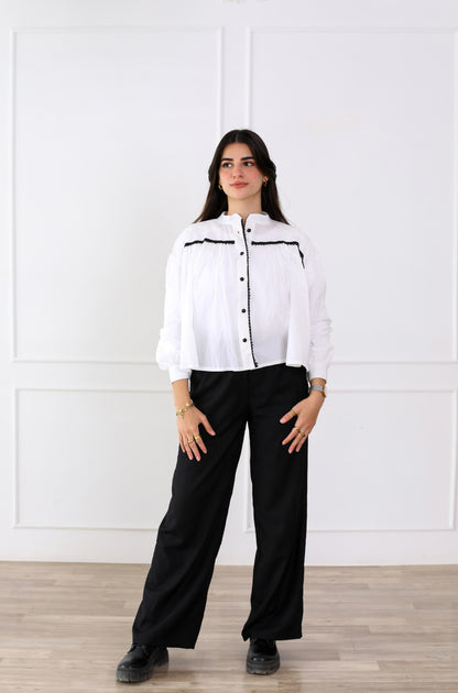 Chic White Button-Down Blouse with Embroidered Detailing