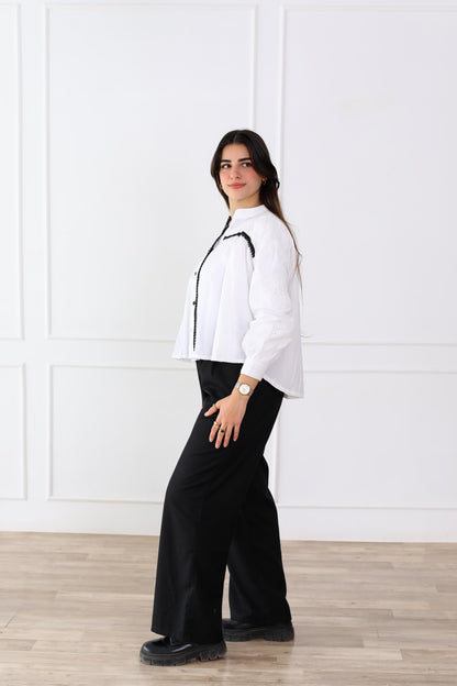 Chic White Button-Down Blouse with Embroidered Detailing