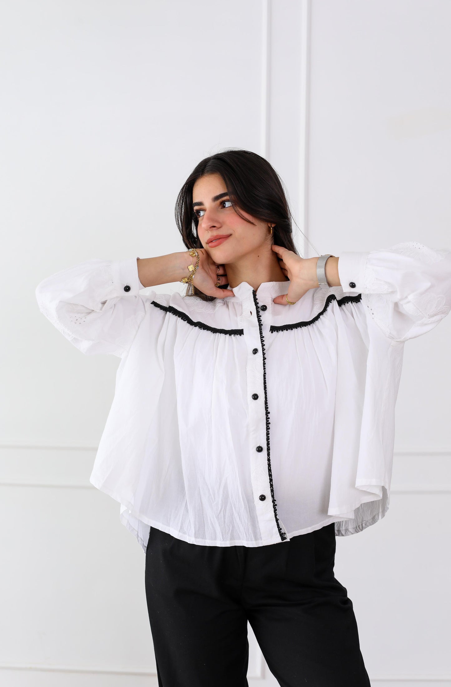 Chic White Button-Down Blouse with Embroidered Detailing