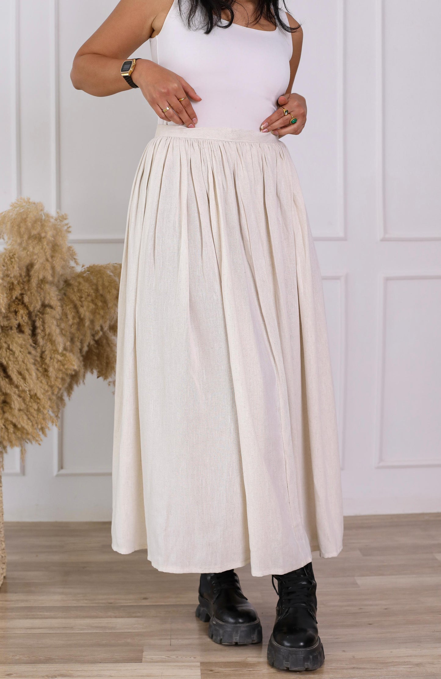 Effortlessly Elegant linen Pleated Skirt-beige