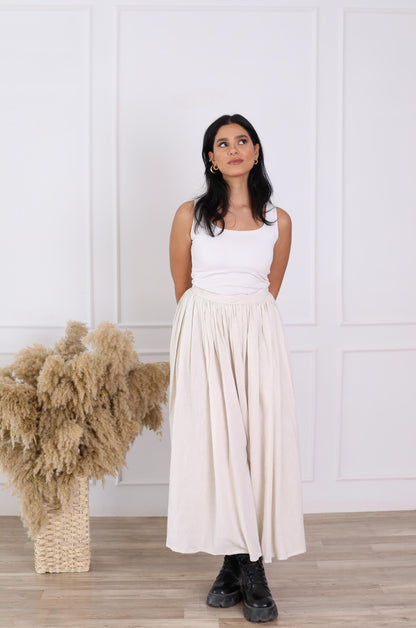 Effortlessly Elegant linen Pleated Skirt-beige