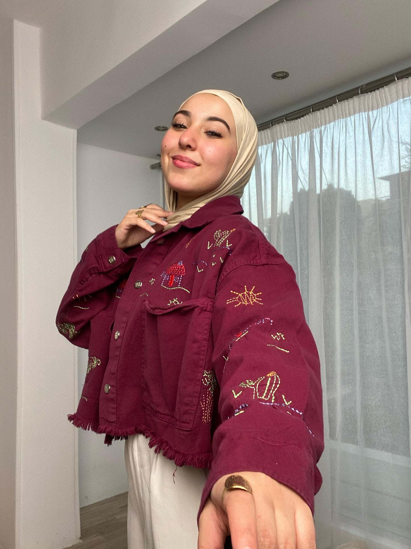 embroidery- denim jacket -maroon