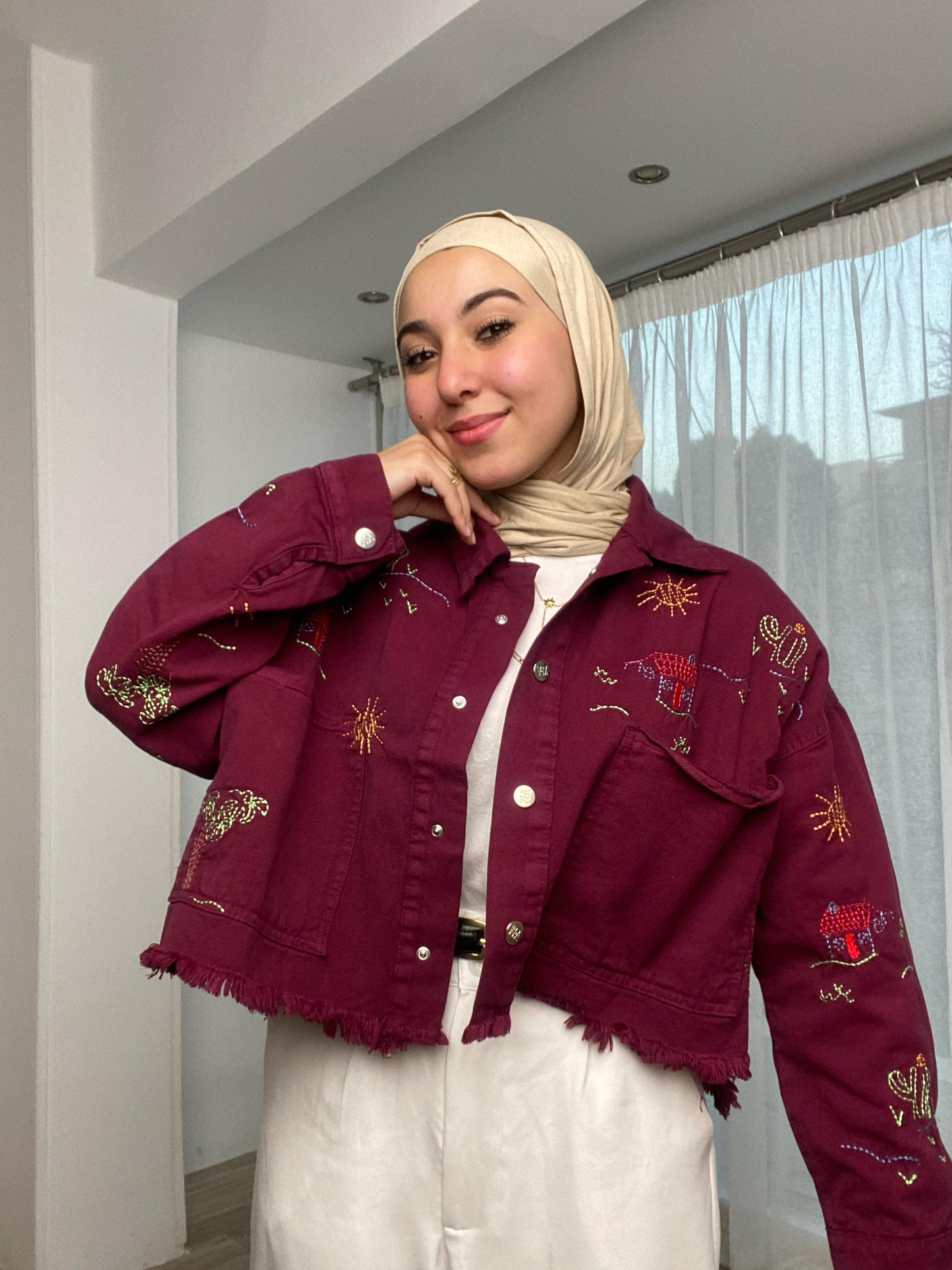 embroidery- denim jacket -maroon