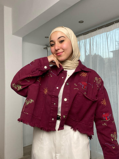 embroidery- denim jacket -maroon