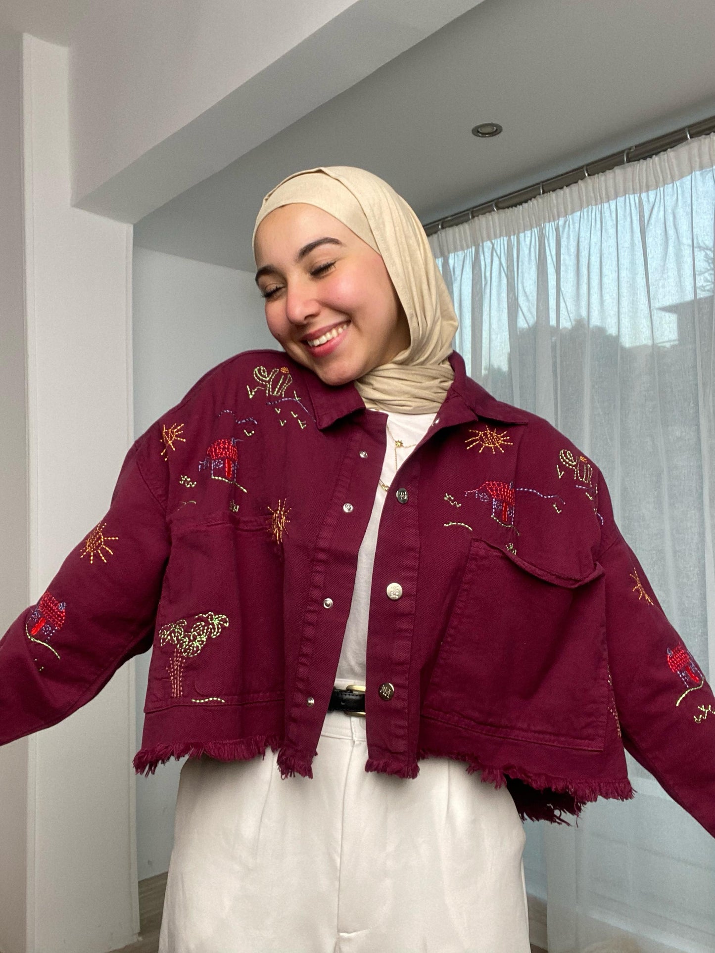 embroidery- denim jacket -maroon