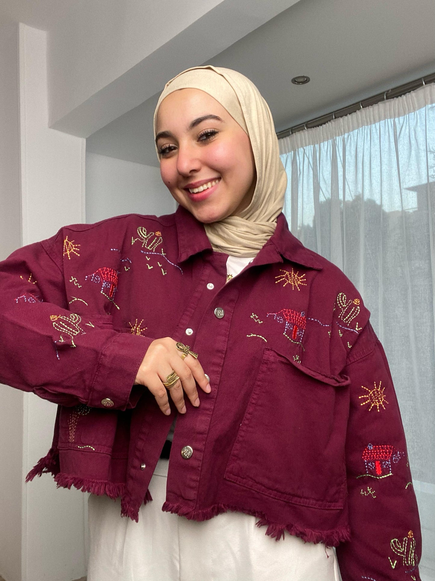 embroidery- denim jacket -maroon