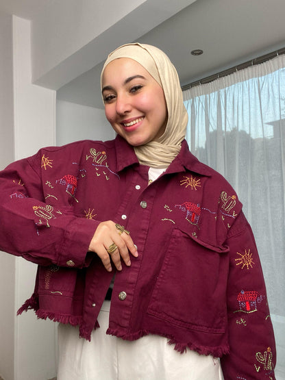embroidery- denim jacket -maroon