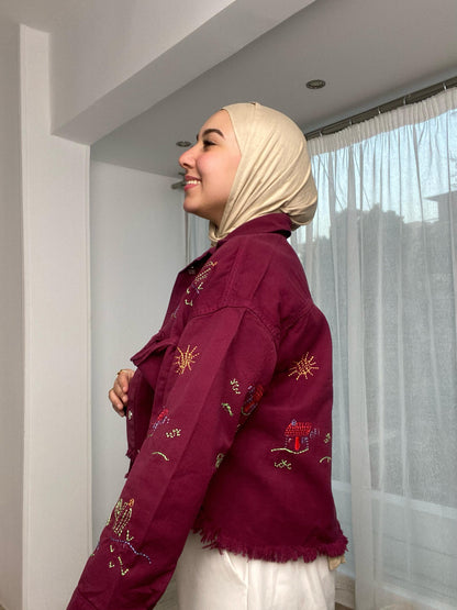 embroidery- denim jacket -maroon