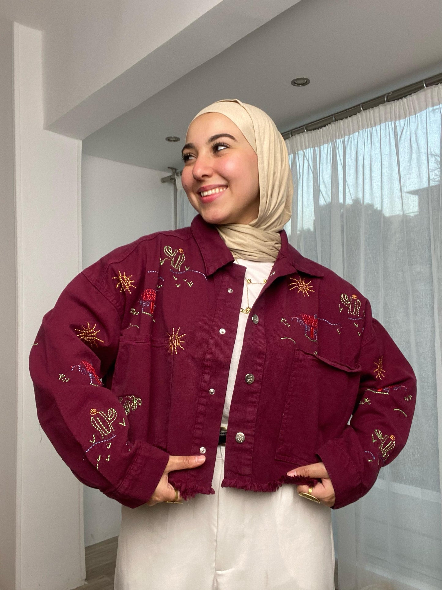 embroidery- denim jacket -maroon