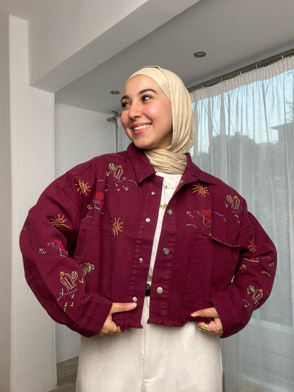 embroidery- denim jacket -maroon