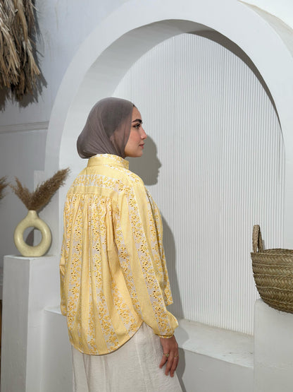 Embroidered Yellow Butter Voile Blouse – Light, Elegant & Effortlessly Versatile- yellow butter