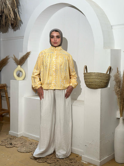 Embroidered Yellow Butter Voile Blouse – Light, Elegant & Effortlessly Versatile- yellow butter