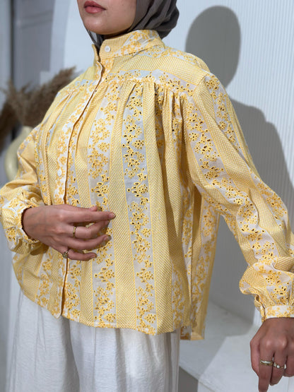 Embroidered Yellow Butter Voile Blouse – Light, Elegant & Effortlessly Versatile- yellow butter