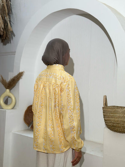 Embroidered Yellow Butter Voile Blouse – Light, Elegant & Effortlessly Versatile- yellow butter