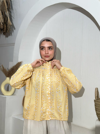Embroidered Yellow Butter Voile Blouse – Light, Elegant & Effortlessly Versatile- yellow butter