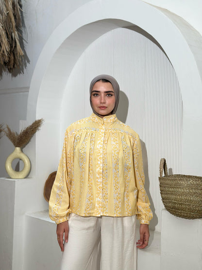 Embroidered Yellow Butter Voile Blouse – Light, Elegant & Effortlessly Versatile- yellow butter