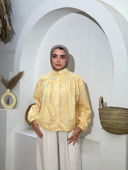 Embroidered Yellow Butter Voile Blouse – Light, Elegant & Effortlessly Versatile- yellow butter
