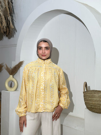Embroidered Yellow Butter Voile Blouse – Light, Elegant & Effortlessly Versatile- yellow butter