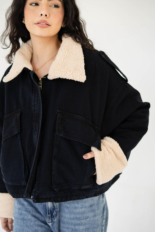 Oversized denim fur jacket- black Fur Biege