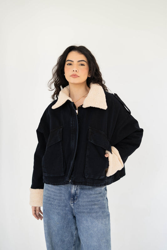 Oversized denim fur jacket- black Fur Biege