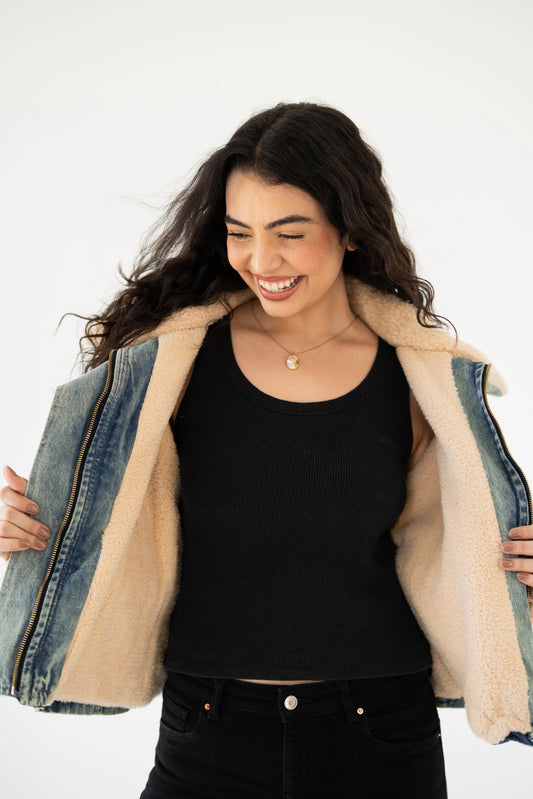 Oversized denim fur jacket- Dirty Fur Biege