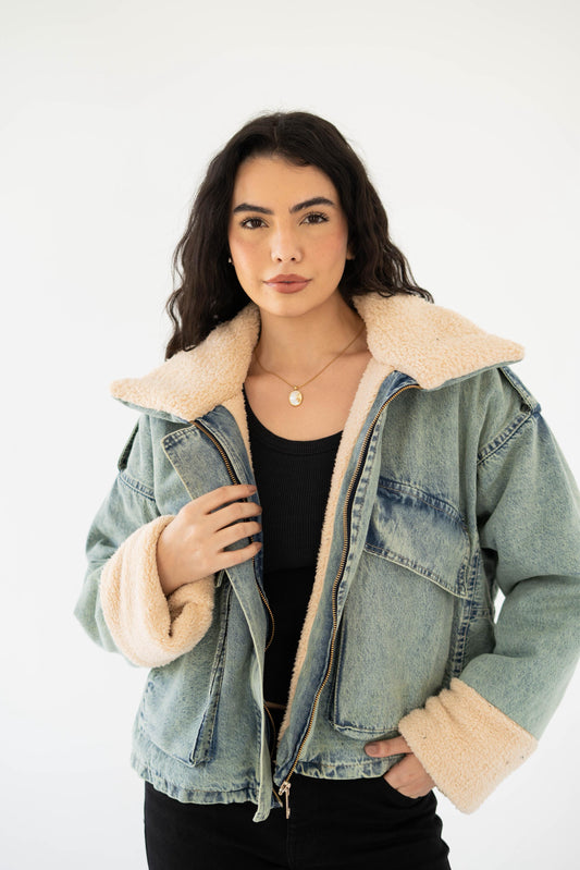 Oversized denim fur jacket- Dirty Fur Biege