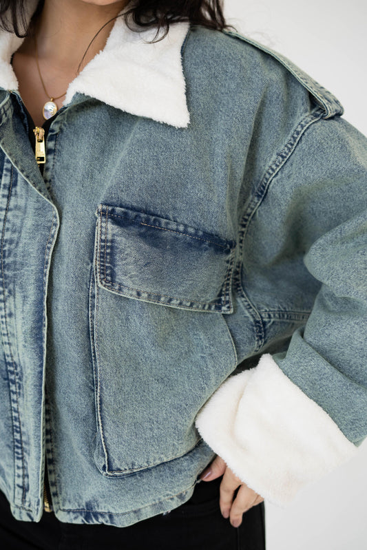 Oversized denim fur jacket- Dirty Fur White