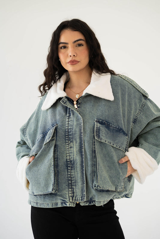 Oversized denim fur jacket- Dirty Fur White