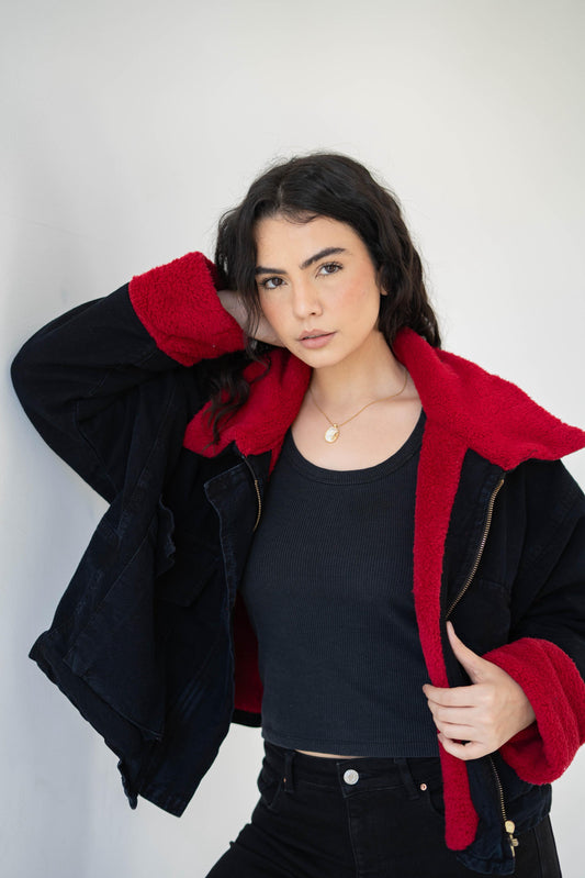 Oversized denim fur jacket- black Fur Maroon