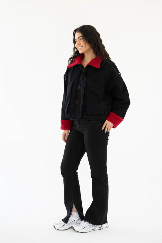 Oversized denim fur jacket- black Fur Maroon