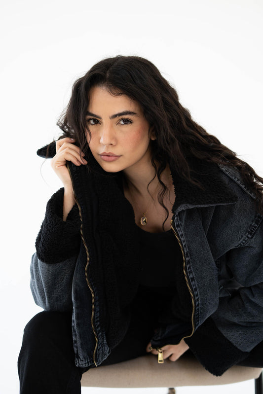 Oversized denim fur jacket- Grey Fur Black
