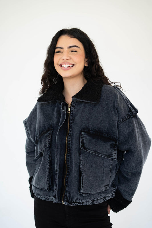 Oversized denim fur jacket- Grey Fur Black