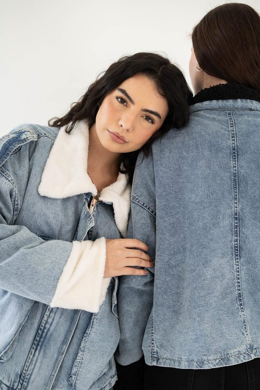 Oversized denim fur jacket- Blue Fur White