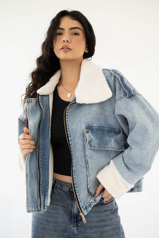Oversized denim fur jacket- Blue Fur White