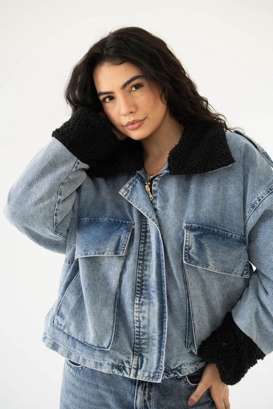 Oversized denim fur jacket- Blue Fur Black