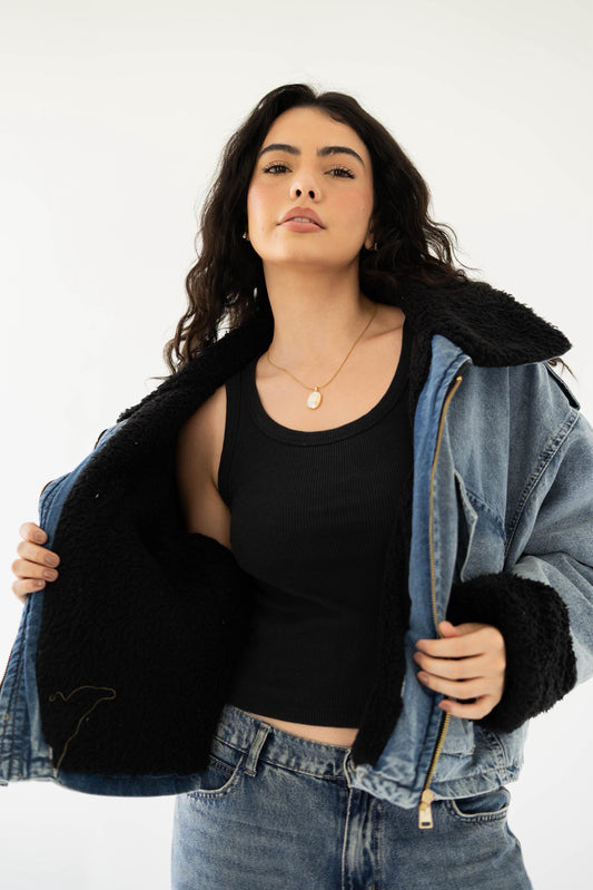 Oversized denim fur jacket- Blue Fur Black