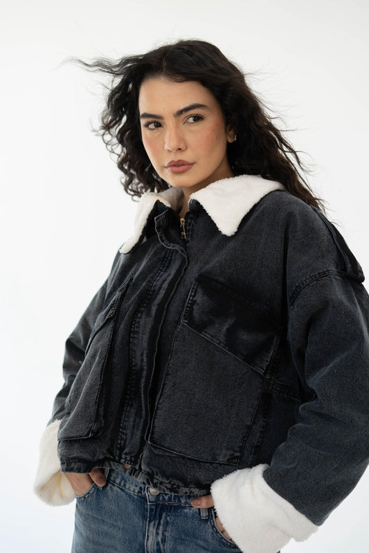 Oversized denim fur jacket- Grey Fur White